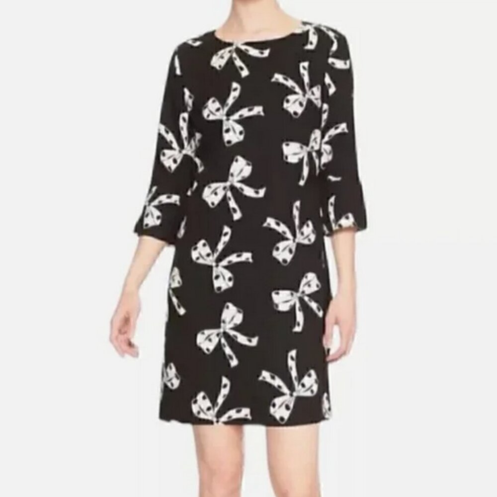 Banana Republic Women's Black White Bow Print Shift 3/4 Sleeve Dress Size 4‎